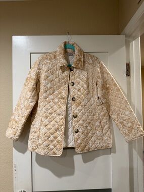 Chico's Quilted Beige Floral-Pattern Puffer Jacket
